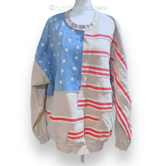 NWT Free People X Tricia Fix Stripes And Stars Pullover Size Large Tan Blue Red - Picture 9 of 15